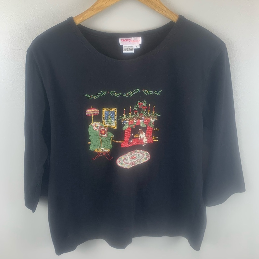 Vintage‎ Casey Coleman Embroidered 3/4 Sleeve Christmas Shirt Vintage Holiday